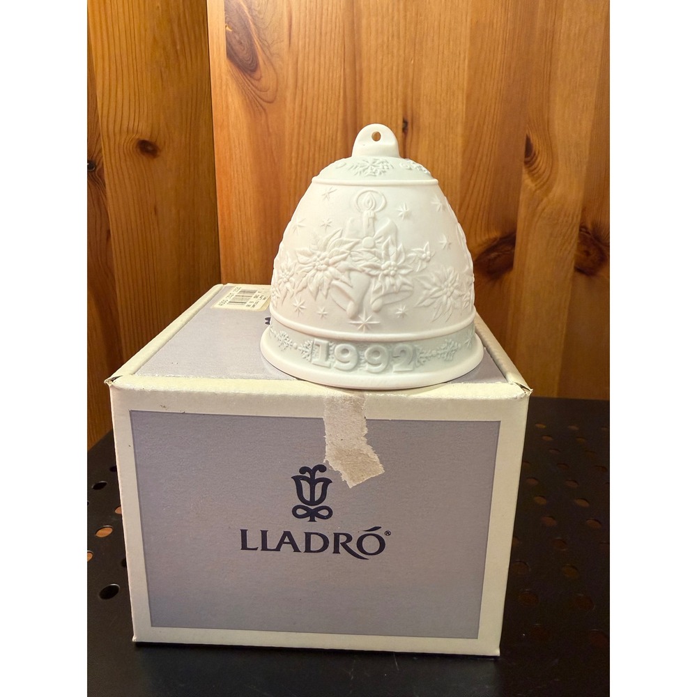 Lladro 1992 Annual Christmas Bell White Bisque Porcelain Ornament w/ Box 3"